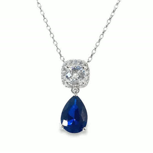 Sterling Silver Drop Dark Blue Pear + Cubic Zirconia Halo Pendant