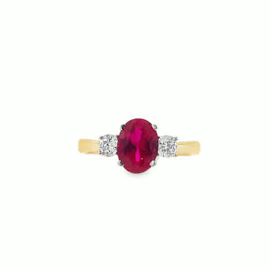 9ct Cubic Zirconia Red Oval 3 Stone Ring With Round Shoulders