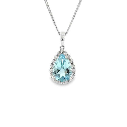 Sterling Silver Pear Cut Sky Blue Topaz Pendant with CZ Halo