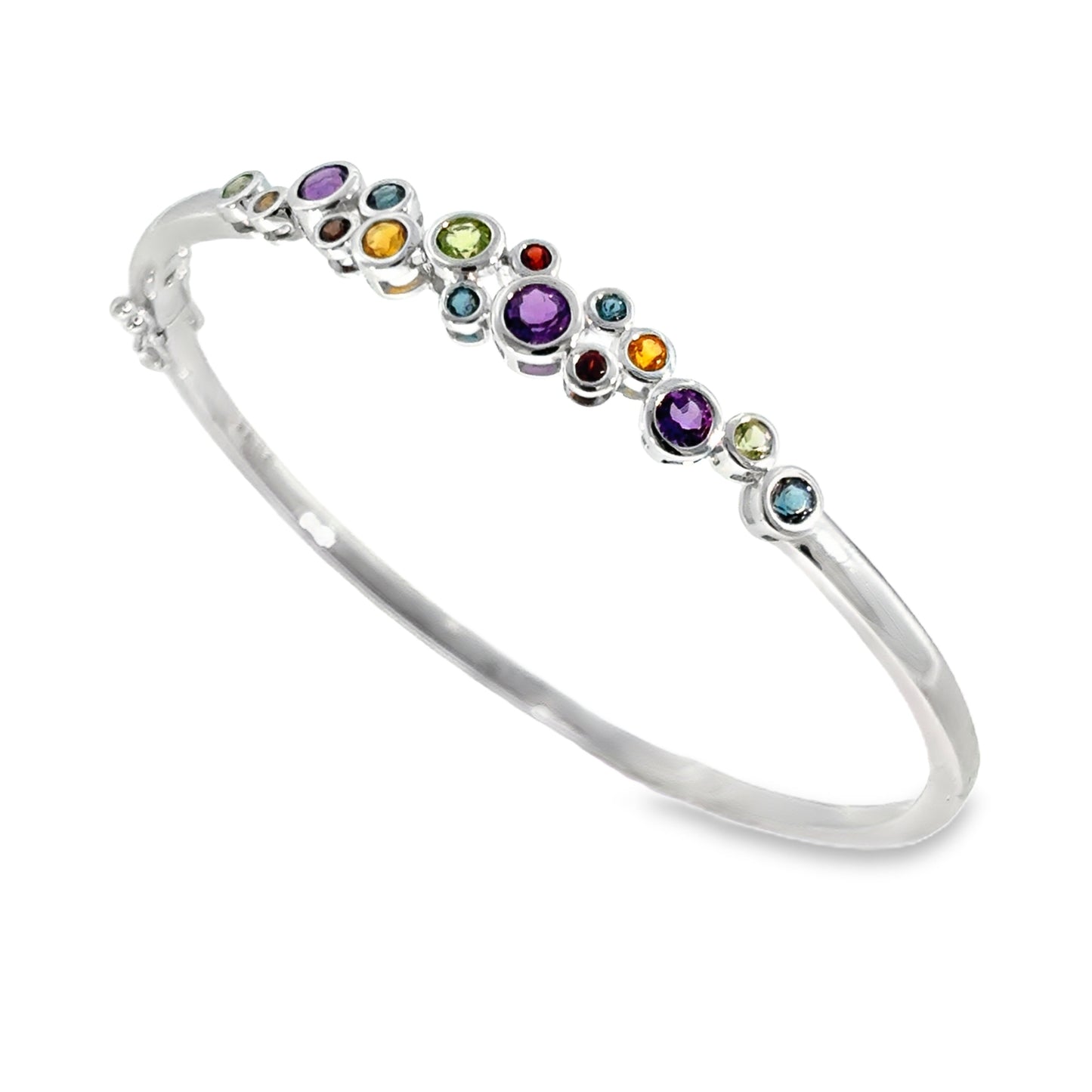 Sterling Silver Bangle with Rubover Set Amethyst, London Blue Topaz, Citrine, Peridot and Garnet