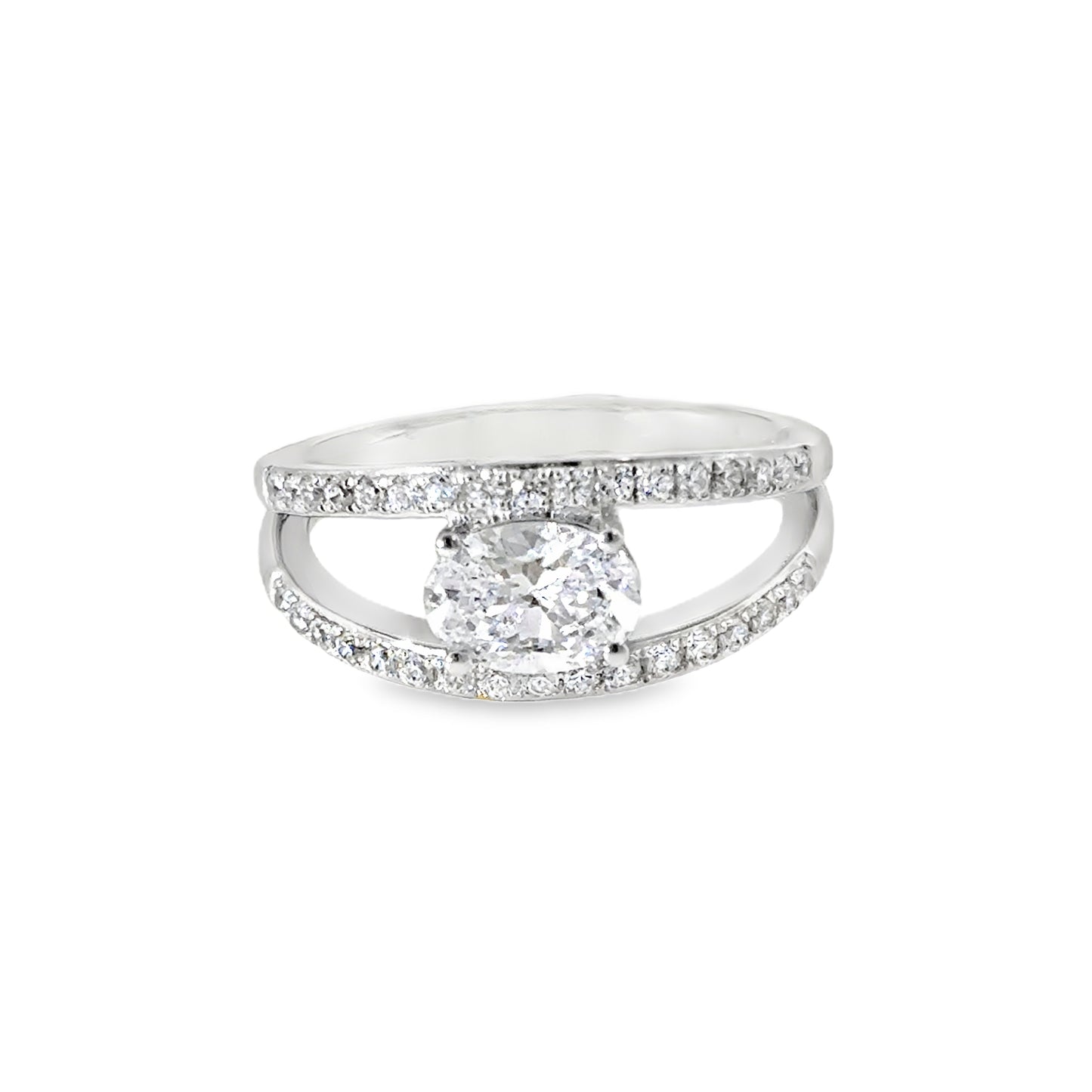 Sterling Silver Oval East West CZ Ring with Open CZ Shoulders