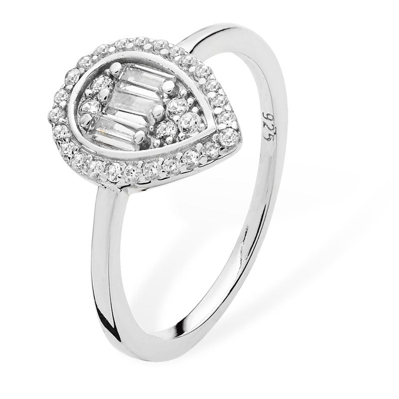 Sil Ring CZ Pear Clust
