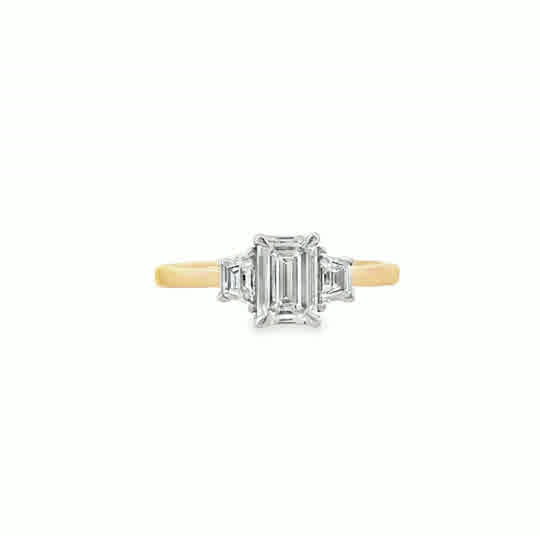 9ct 3 Stone Emerald Cut Centre Cultured Diamond Ring With Cultured Trapezium Shoulders 1.41ct