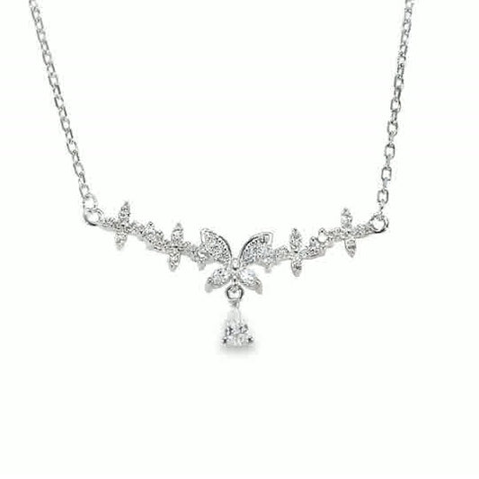 Sterling Silver CZ Floral Hammock Necklet With Butterfly Pear Drop Centre