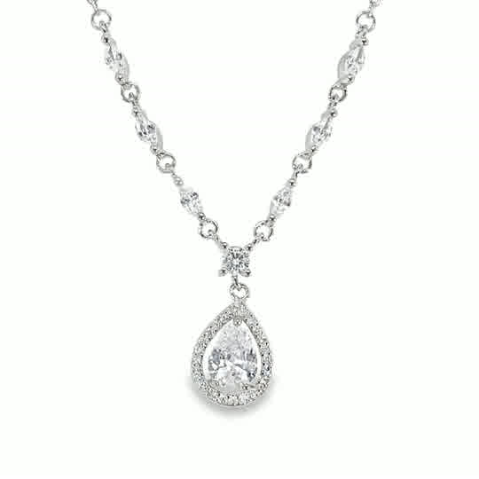 Sterling Silver CZ Marquise Necklet With Open CZ Pear Halo Drop
