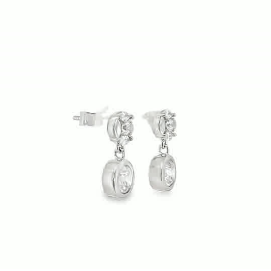 Sterling Silver Cubic Zirconia Round Cluster & Rubover Drop Earrings