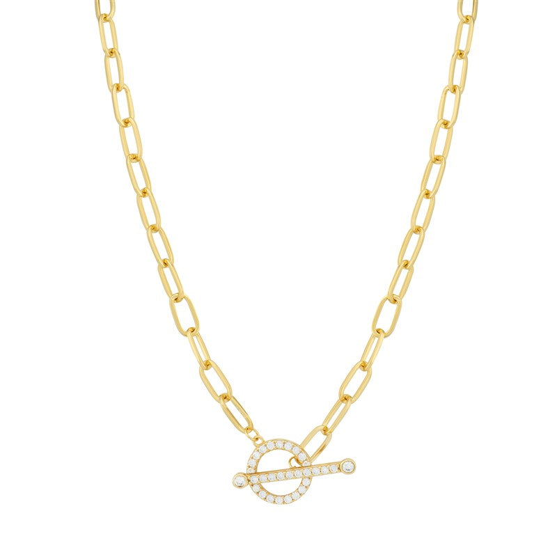Sterling Silver Gold Plated CZ Paperlink T-Bar Necklet