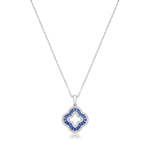 Sterling Silver Blueand White CZ Open Clover Necklet