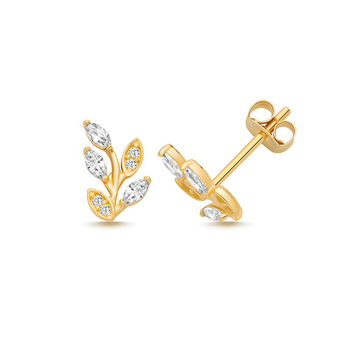 9ct Yellow Gold CZ Leaf Earrings