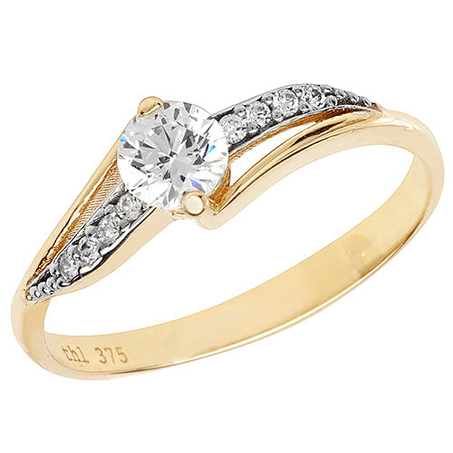 9ct Yellow Gold CZ Solitaire Ring with Open CZ Shoulders