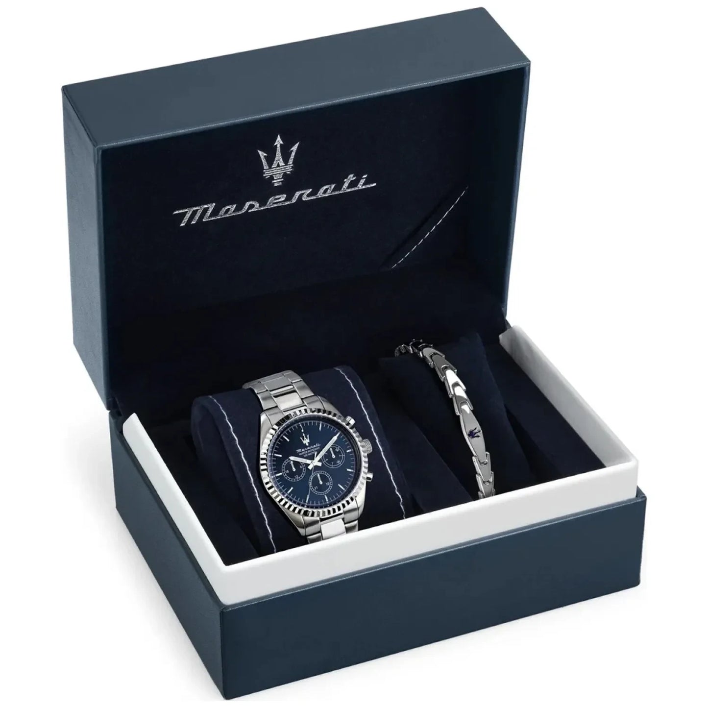Gents Stainless Steel Maserati Competizione 43mm Blue Chrongraph Watch With Stainless Steel Bracelet