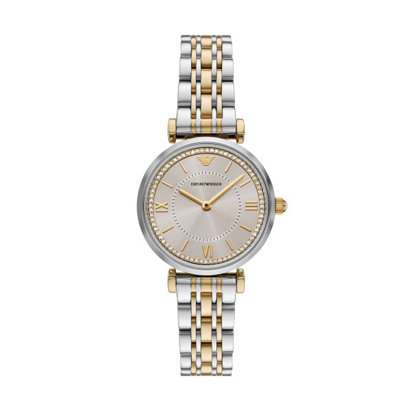 Ladies Two Tone Armani Gianni Round Dial Watch With CZ Bezel