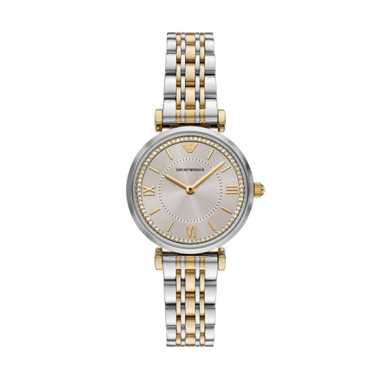 Ladies Two Tone Armani Gianni Round Dial Watch With CZ Bezel