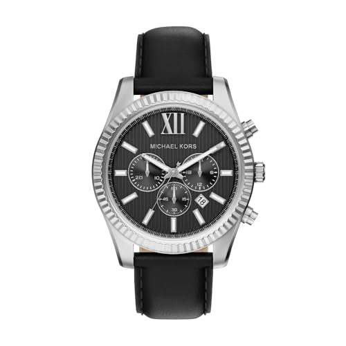 Gents Stainless Steel Michael Kors Round Black Chronograph With Black Leather Strap