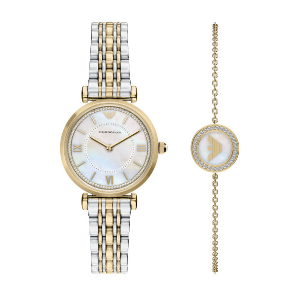 Ladies Two Tone Armani Gianni Mother Of Pearl Dial Watch Set With Mother Of Pearl Bracelet