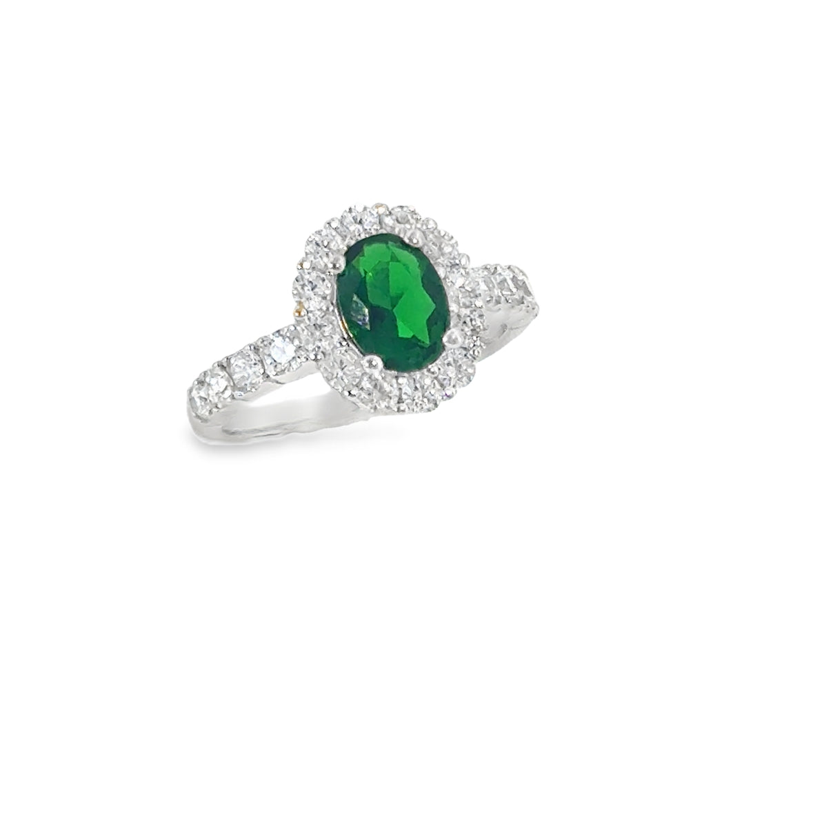 Sterling Silver Oval Green CZ Ring with CZ Halo and Shoulders