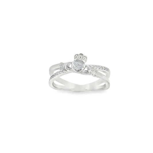 Sterling Silver Claddagh Ring with Open CZ Split Shoulders