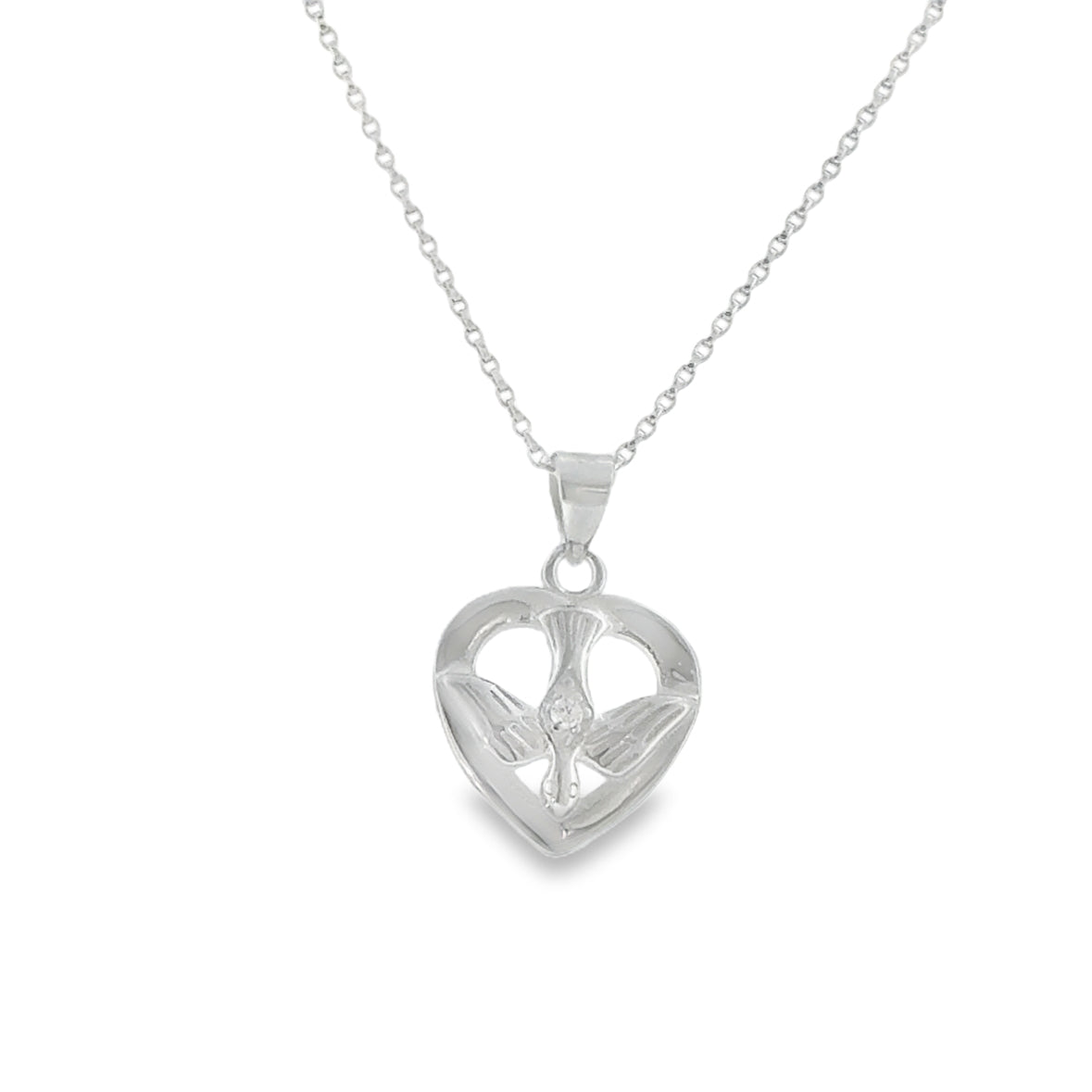 Sterling Silver Open Heart Dove Pendant with CZ Centre