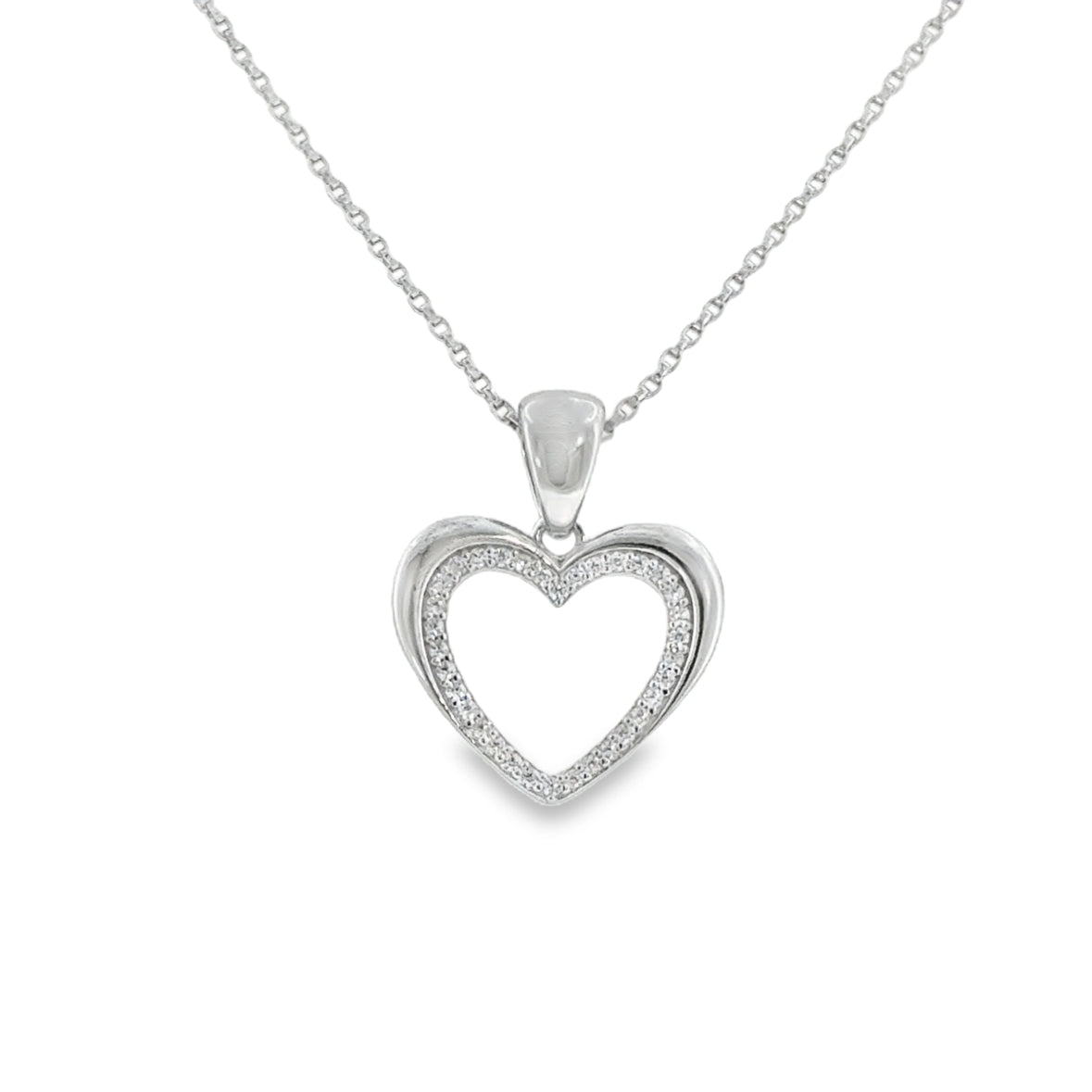 Sterling Silver Open Polished and CZ Heart Pendant