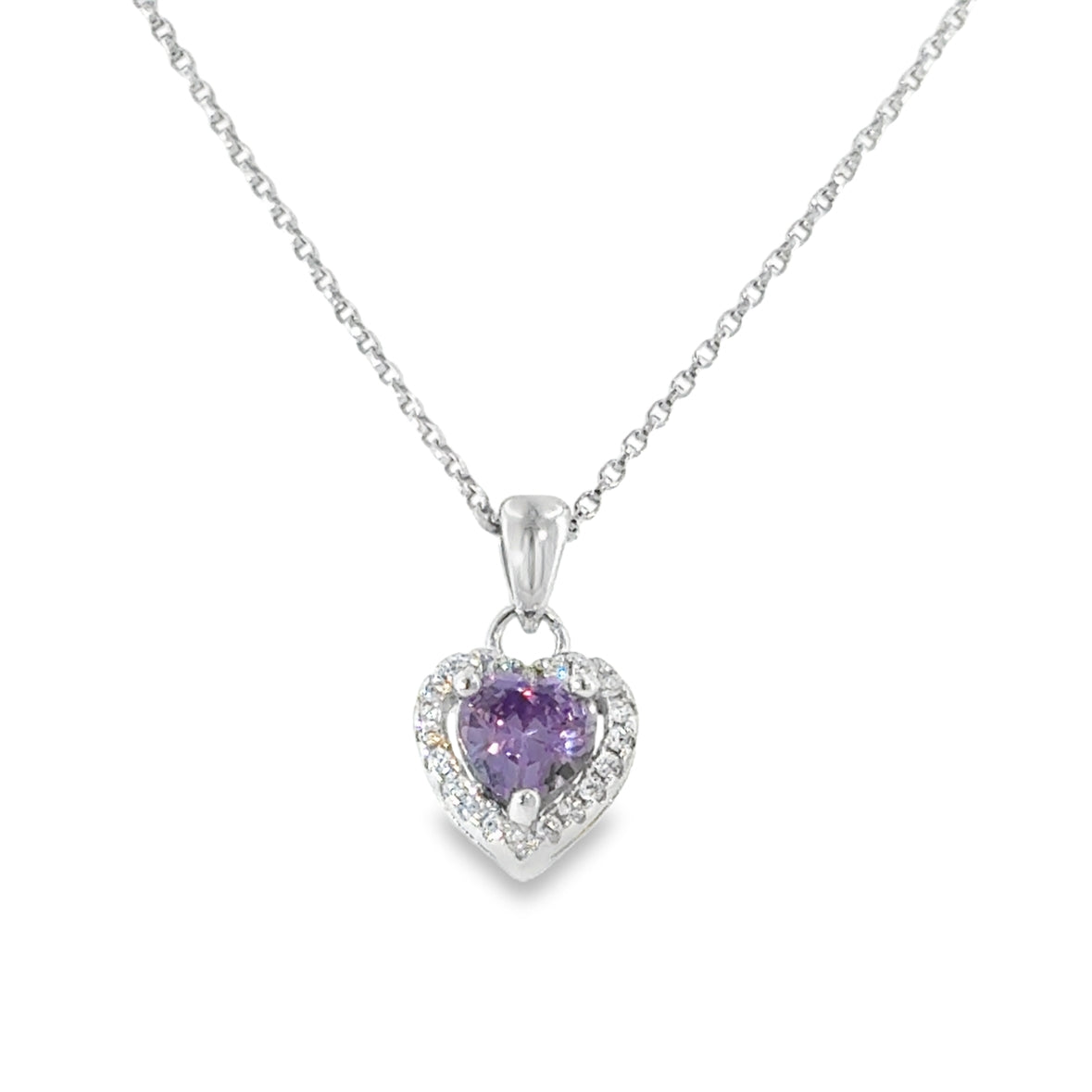 Sterling Silver Purple CZ Heart Pendant with Cz Halo