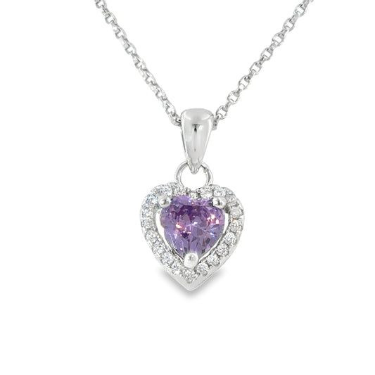 Sterling Silver Purple CZ Heart Pendant with Cz Halo