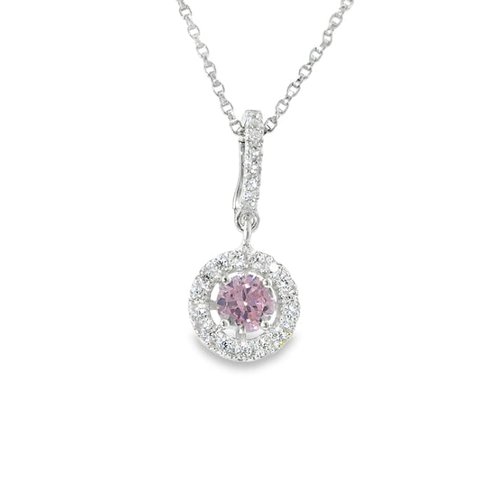 Sterling Silver Round Pink CZ Cluster Pendant with CZ Baile