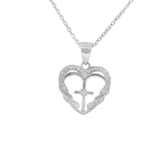 Sterling Silver Open CZ Heart and Cross Pendant