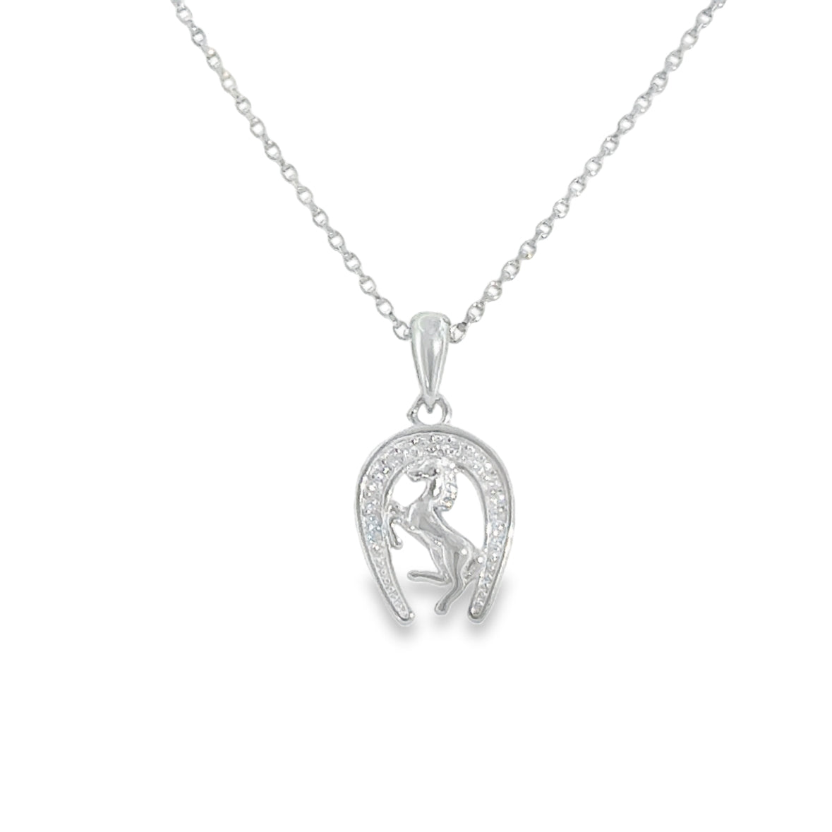 Sterling Silver CZ Horse in Horseshoe Pendant