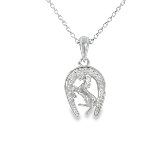 Sterling Silver CZ Horse in Horseshoe Pendant