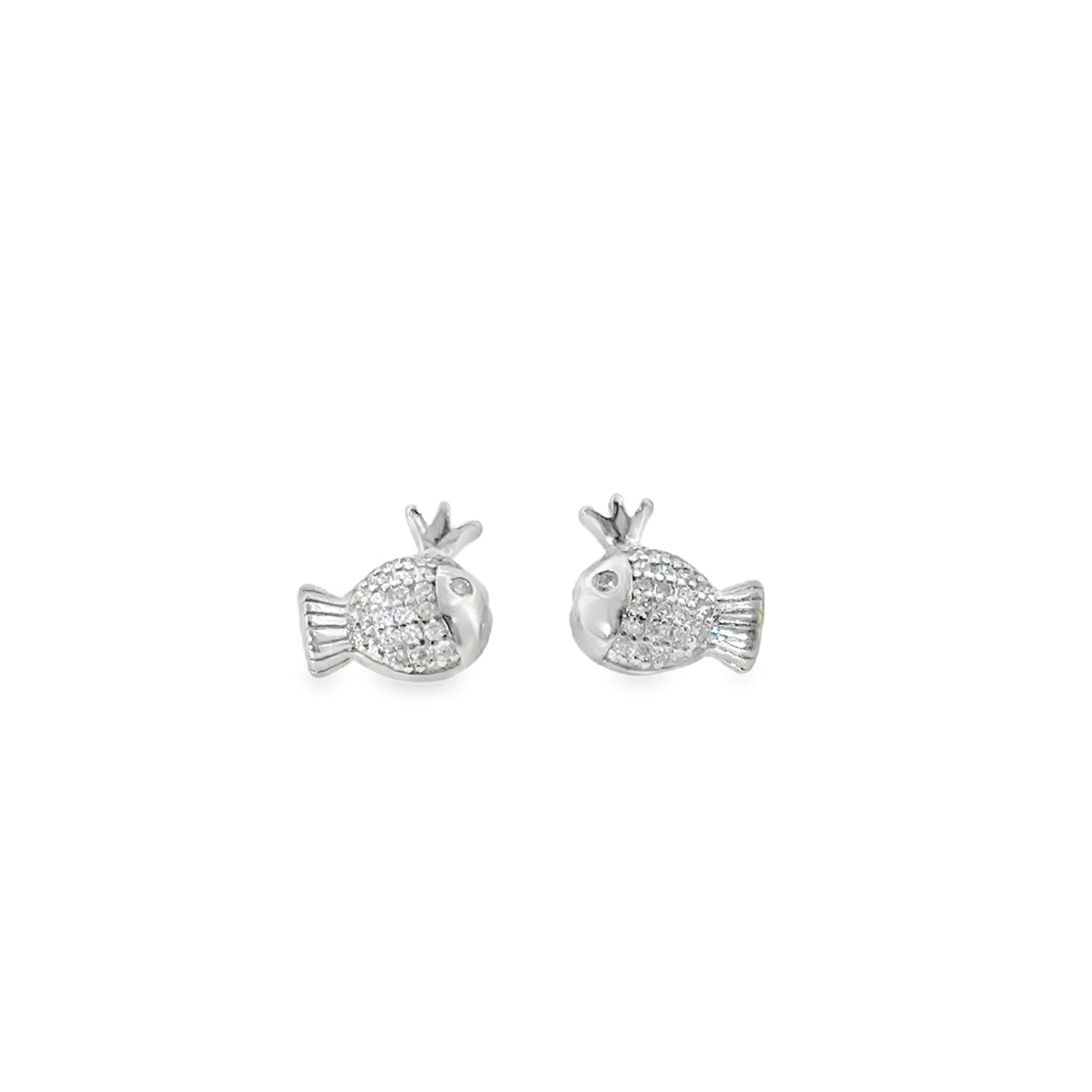 Sterling Silver CZ Fish With Crown Stud Earrings