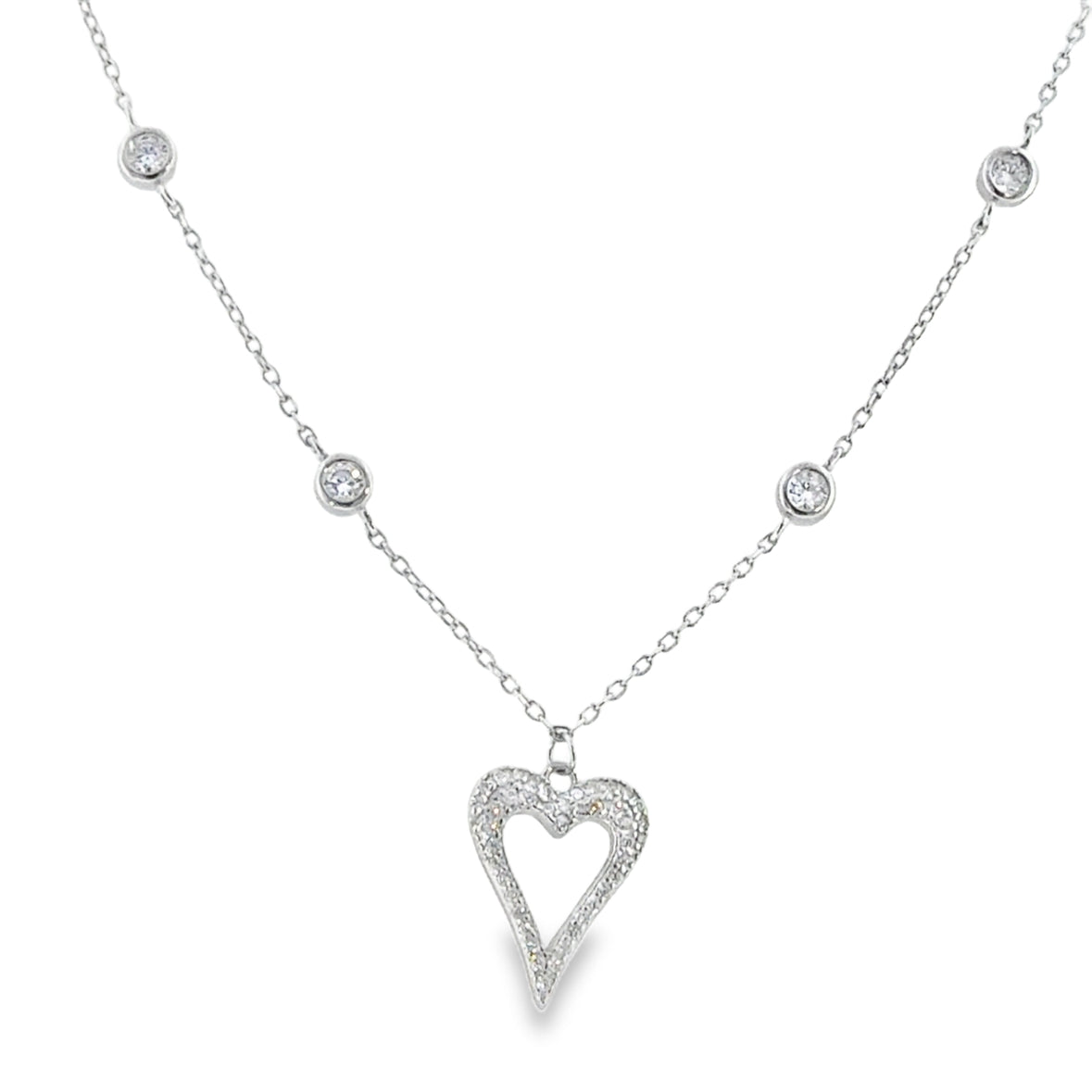 Sterling Silver CZ Open Heart Necklet with Rubover CZ Scatter