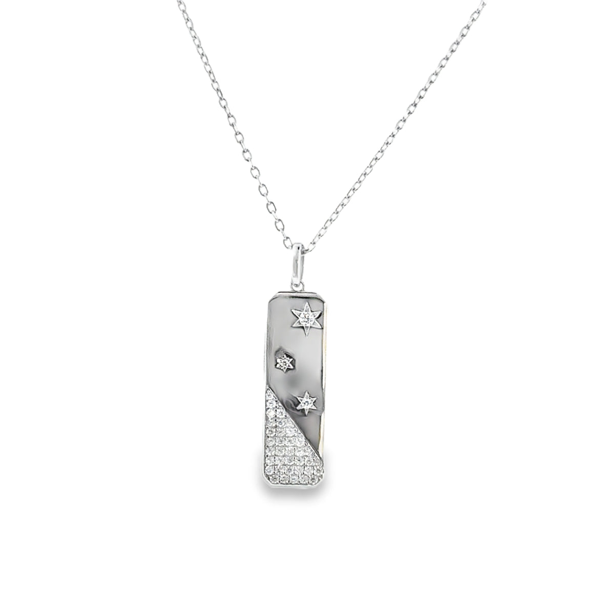 Sterling Silver Pave CZ Star Rectangular Disc Pendant