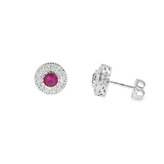 Sterling Silver Round Red CZ Halo Earrings