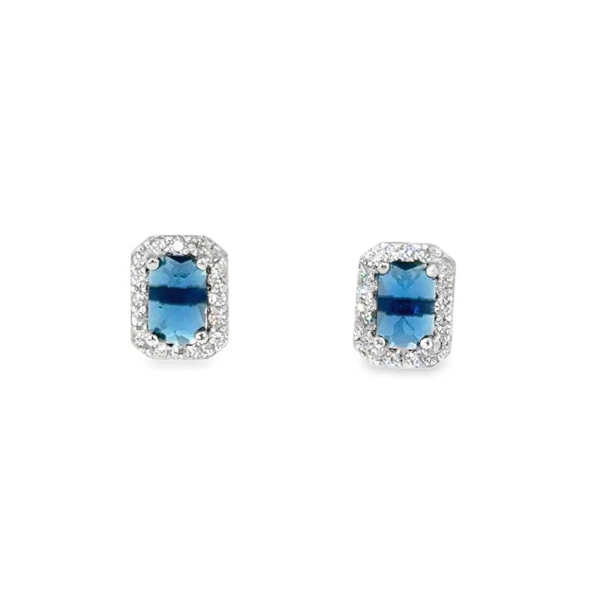Sterling Silver CZ Blue Rectangle Halo Earrings