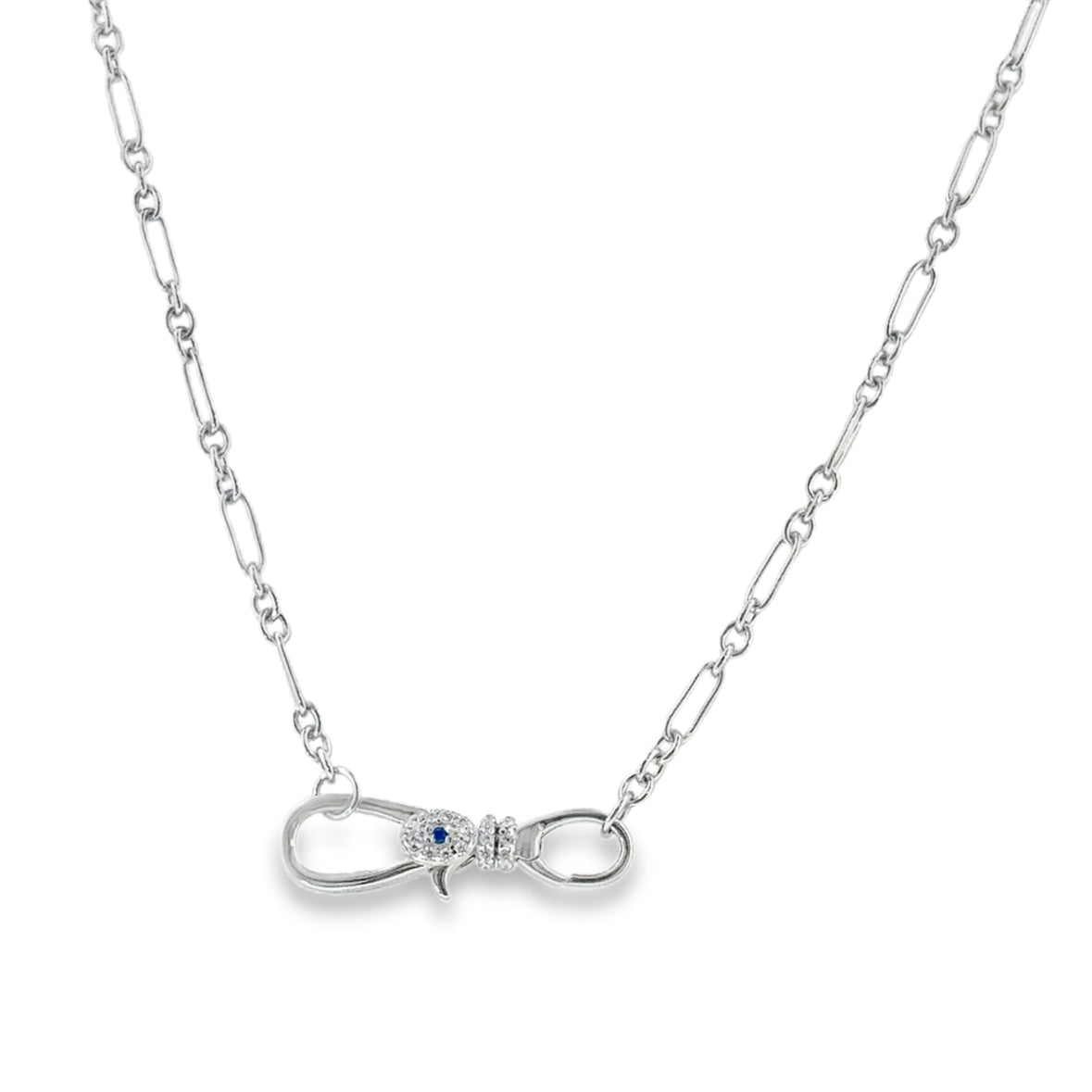 Sterling Silver Figaro Necklet with Blue and CZ Clasp