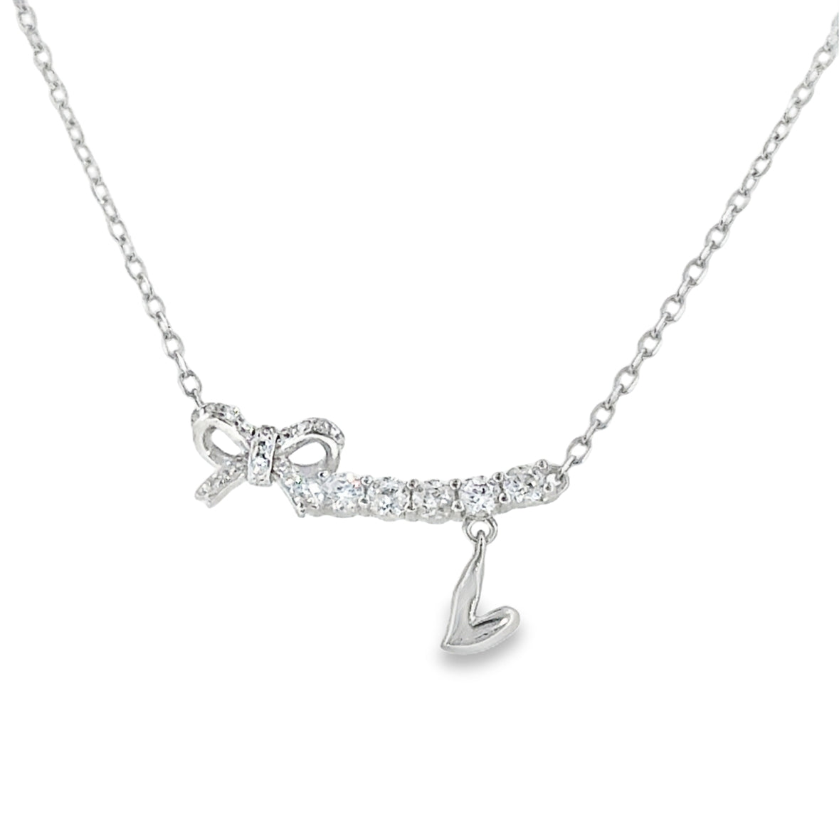 Sterling Silver CZ Curve Hammock Heart and Bow Drop Necklet