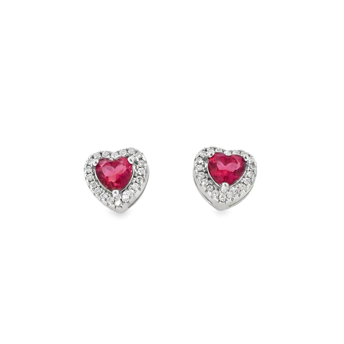 Sterling Silver CZ & Red Heart Halo Earrings