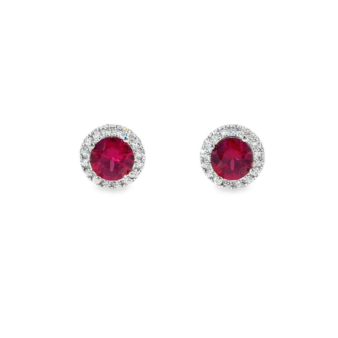 Sterling Silver Red CZ Round Halo Earrings