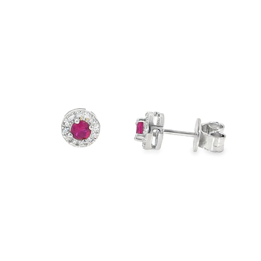Sterling Silver Red CZ Round Halo Earrings