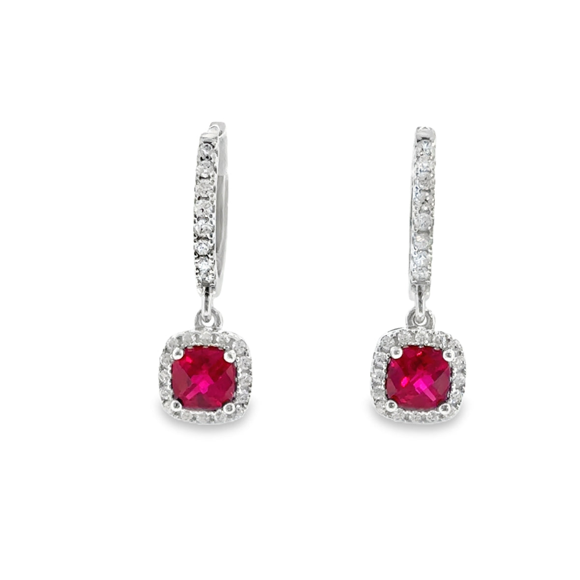 Sterling Silver Red CZ Square Halo Huggie Drop Earrings