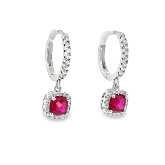 Sterling Silver Red CZ Square Halo Huggie Drop Earrings