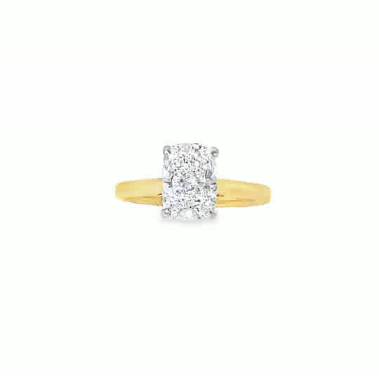 18ct Yellow Gold 4 Claw Elongated Cushion Cut Solitaire Cultured Diamond Ring 2.01ct