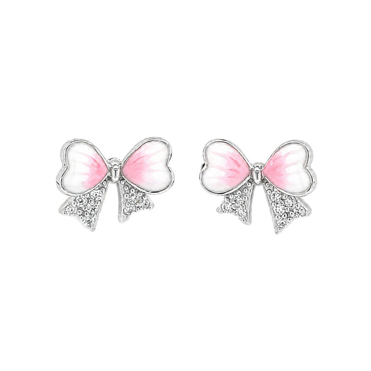 Sterling Silver CZ Pink Bow Kids Earrings