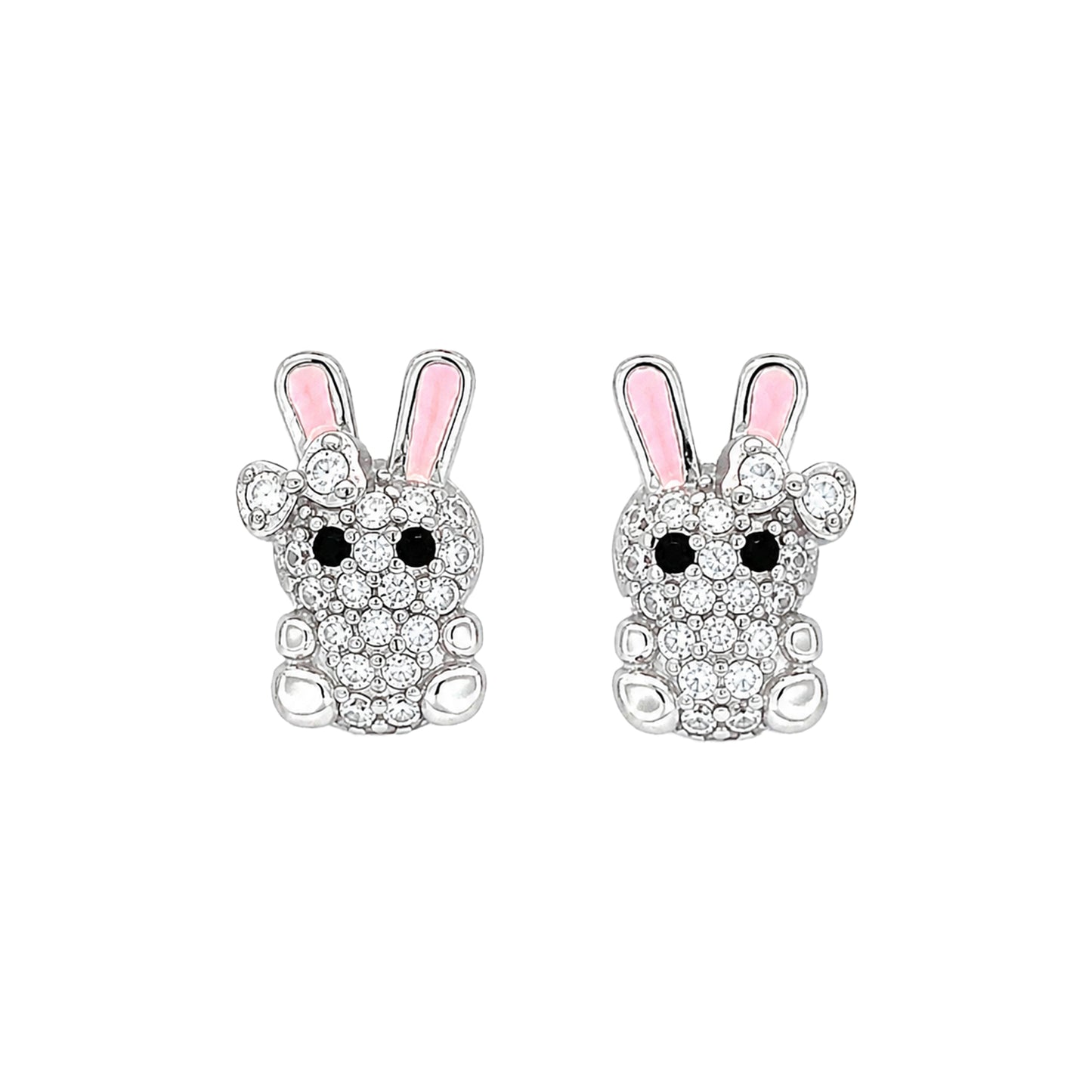 Sterling Silver CZ & Pink Kids Bunny Earrings