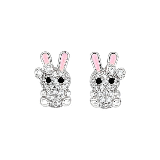 Sterling Silver CZ & Pink Kids Bunny Earrings