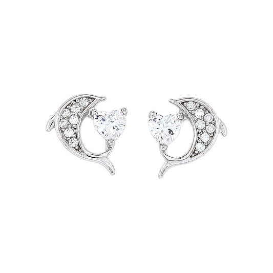 Sterling Silver CZ Dolphin Heart Kids Earrings