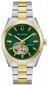 Gents Two Tone Bulova Surveyor Green Open Heart 39mm Automatic Watch