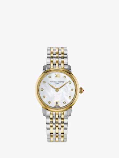 Ladies Two Tone Frederique Constant Slimline 30mm With Mother Of Pearl Diamond Dot Dial Watch