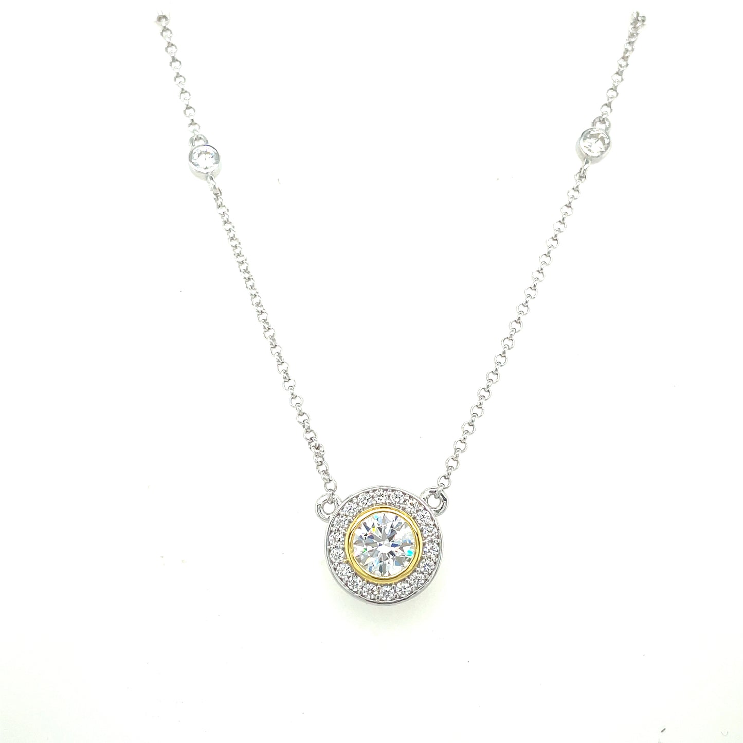 STERLING SILVER AND GOLD PLATED CUBIC ZIRCONIA NECKLET WITH RUBOVER SCATTER STONES