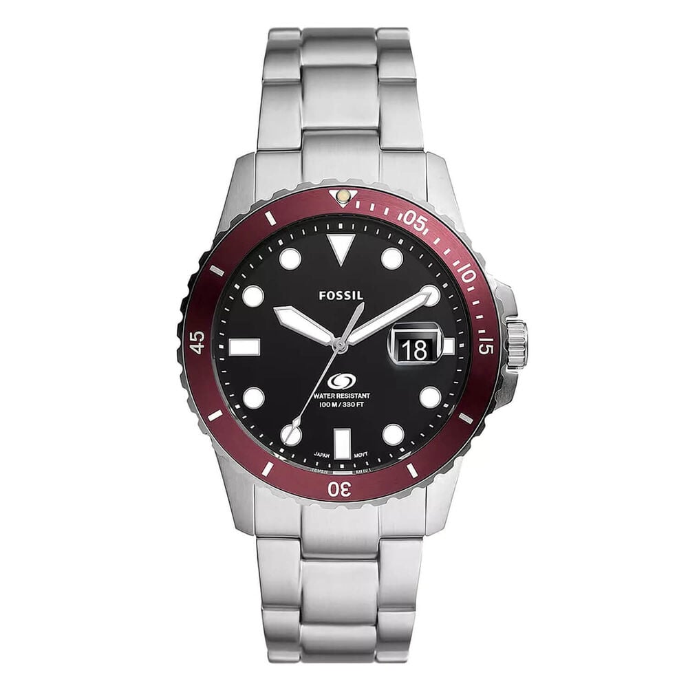 Gents Fossil Stainless Steel Bracelet Black Dial Red Bezel Watch